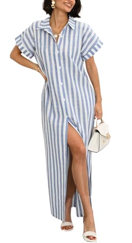 chouyatou Women's Summer Short Sleeve Striped Shirt Dress Beach Maxi Long Belted Casual Button Down Dress