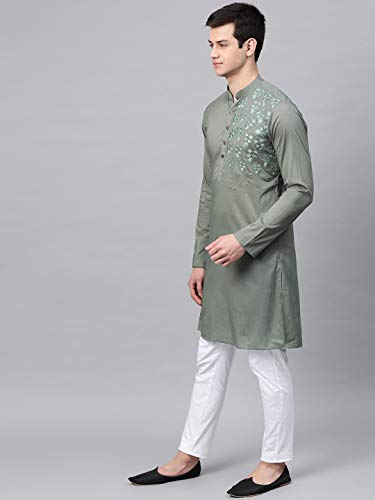 Image of See Designs Olive Cotton Regular Fit Embroidered Kurta