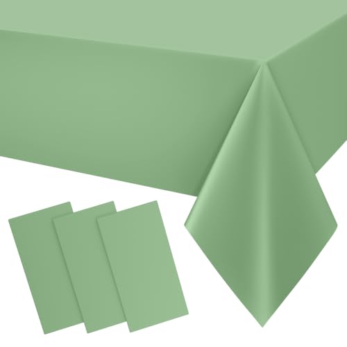 Image of Smiry Disposable Table Cloth 3 Pack, 54 x 132 Inch Waterproof Plastic Tablecloth, Decorative Rectangle Table Covers for Party, Birthday, Picnic, Sage Green