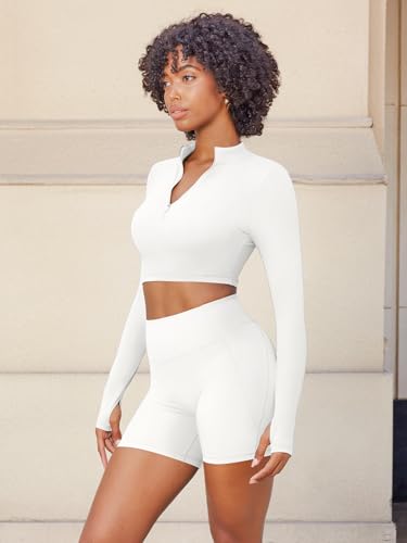 YEOREO Women Zip Up Long Sleeve Workout Crop Top Mock Neck Yoga Shirt3