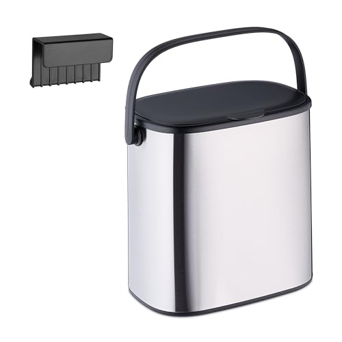 Relaxdays Cubo de Basura, 5 L, Papelera Colgante para Cosméticos, Basurero Pequeño de Baño con Tapa y Asa, Cocina, Plata