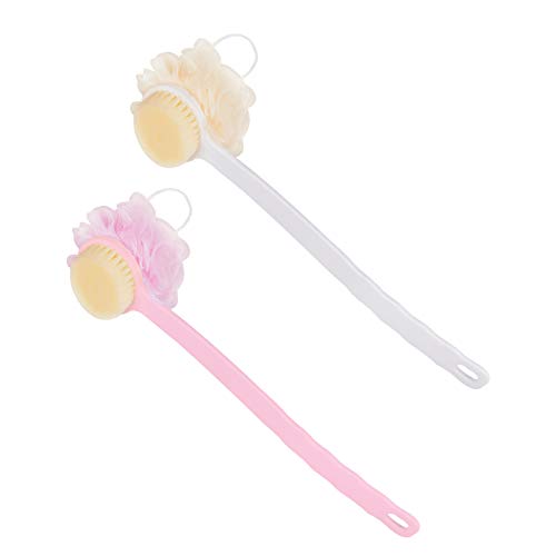 2-Pack 2-in-1 Loofah Back Scrubber for Shower, Long Handle Bath Body Brush with Bristles and Loofah Sponge for Skin Exfoliating