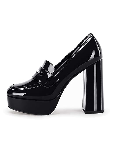 Image of Coutgo Womens Platform Heels Loafers Chunky High Heel Closed Toe Patent Leather Shoes Penny Loafer Business Dress Work Pumps