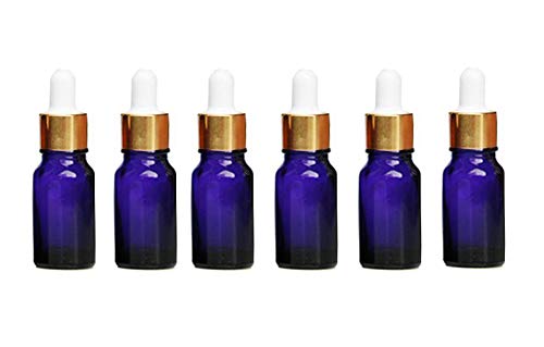6 Pieces Blue Glass Dropper Bottles-Empty Refillable Essential Oil Sample Container Makeup Cosmetic Jars With Glass Eye Dropper and White Rubber Cap(10ml/0.34oz)