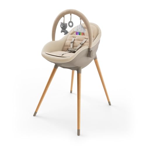 Kinderkraft FINI UP, Trona bebé 2 en 1, Silla Infantil, Trona portatil, Patas de Madera, Bandeja Ajustable, Fácil de limpiar, para niños, Beige