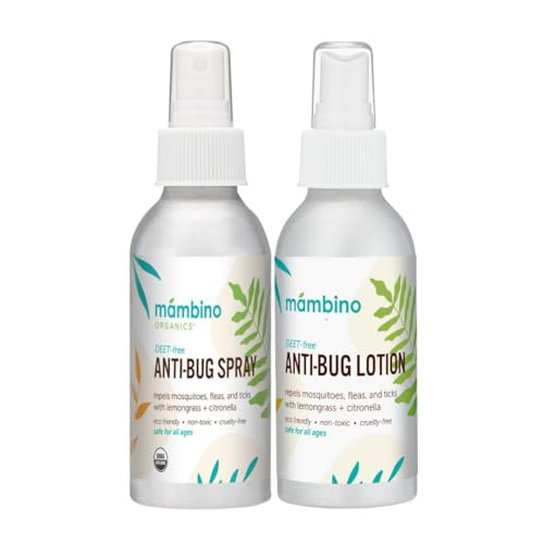 Mambino Organics DEET-Free Anti-Bug Spray &amp; Bug Lotion Set, Organic Bug Spray with Essential Oils, Travel Size Camping Essential, Baby &amp; Kid-Friendly, Vegan &amp; Cruelty-Free, 8 oz, 2 Pack