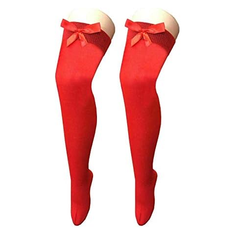 FASHION 7STAR Womens Thigh High Socks Plain Striped Over the Knee Socks Long Knee High Socks for Women Referee Socks (Red With Red Bow UK 4-6) Cover