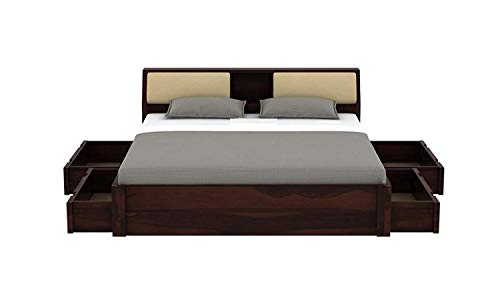 Image of Sheesham Solid Wood Walnut Finish Walken Queen Size Bed Open Dual Storage for Bedroom Room (Queen, Walnut)