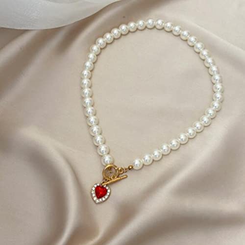 Wedding Dress Pearl Necklace Retro Full Of Diamond Peach Heart Pendant Necklace Red Crystal Fashion Chain Jewelry For Women And Girls #TOP1