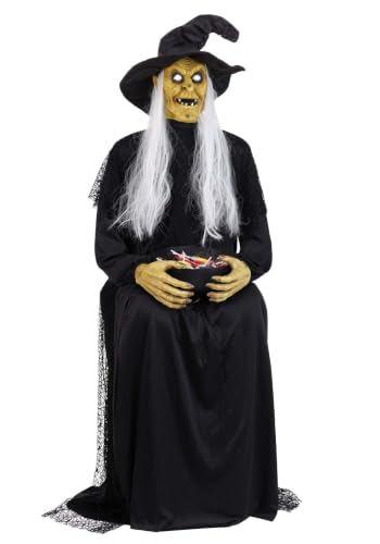 Fun Costumes Seated Witch Animatronic Holding Candy Bowl | Motion Activated Halloween Animatronic with Screaming and Laughing Sound Effect