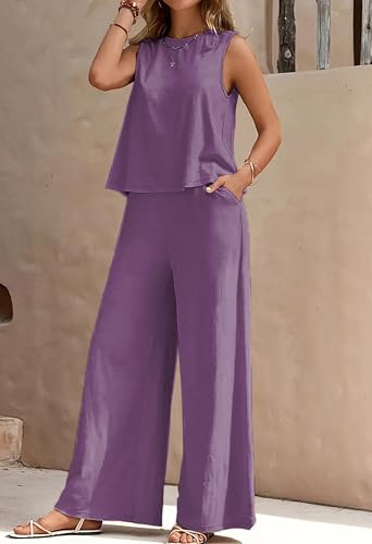 Image of ALL YOURS Women's 2 Piece Outfit Loose Tank Top and Wide Leg Pants Sets|co-ord set for women cord set for women lounge wear set for women coords set for women wear
