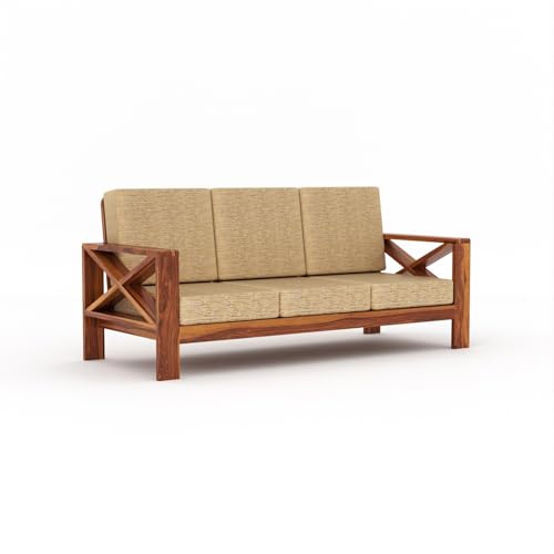 Image of Sheesham Wooden 7 Seater Sofa for Living Room | Rosewood 7 Seater Cushion Sofa X-Legs | Solid Wood Sofa Set for Lounge (3+2+2,Honey)