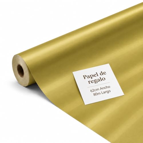 Rollo de papel para envolver regalos, Papel Regalo Cumpleaños, Papel Regalo Navidad, Papel navideño, Tamaño 62 cm x 80 Metros, Contiene 1 Rollo con diseño Dorado