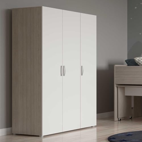 Grande Armoire Dressing Avec Penderie 3 Portes 4 Etagères – Coloris Blanc Mat et Chêne Clair - 119,1 x 51,3 x 184,8 cm