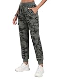 JINSHI Pantalones Senderismo Mujer Cargo Jogger Pantalón Ligero Transpirable Pantalone Ocio Aire Libre Deportes Acampada Trekking Multibolsillos Verde Camuflaje Talla XL