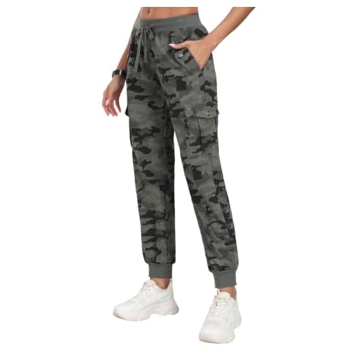 JINSHI Pantalon de Randonnée Femme Cargo Jogging Pantalon Léger Séchage Rapide Pantalon Sport Extérieur Trekking Multi-Poches Camo Vert Taille M