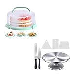 Ohuhu Cake Carrier with Lid and Handle + Cake Turntable, Ohuhu Aluminium 12'' Cake Decorating Kit Supplies Rotating Cake Stand Revolving Spinner Table Baking Kits with 2 Icing Spatula 3 Comb Icing