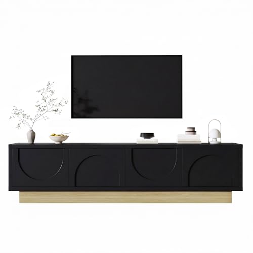 Hmluxury Soporte para TV de 175 cm, color negro, con 4 puertas y espacio de almacenamiento, diseño minimalista, tablero de fibra de densidad media