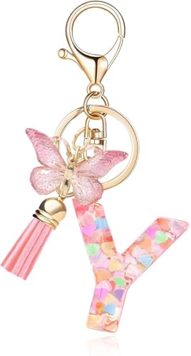 Image of GEOCARTER Lightweight Fashion Initial Letter Key Ring with Butterfly Pendant & Tassel, Stylish Purse Charm for Handbags, Car Keys, Gifts for Girls & Women