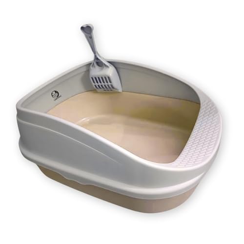 Foodie Puppies Cat Litter Tray and Scooper - (Small, 47×31×21cm) with Detachable Rim Reduces Odor, Perfect Starter for Toilet Training Cats and Kittens | Durable & Strong PP Material (GreyBeige)