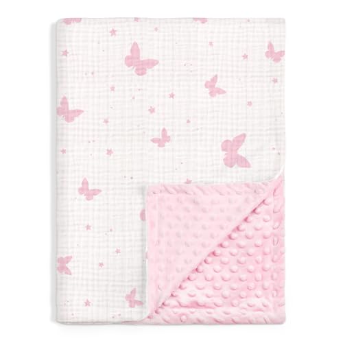 Image of Butterfly Baby Blankets for Girls, Soft Nursery Minky Blankets with Muslin and Dotted Fleece Back 30x40 inches, Receiving Bed Quilt for Newborn, Infants, Toddlers