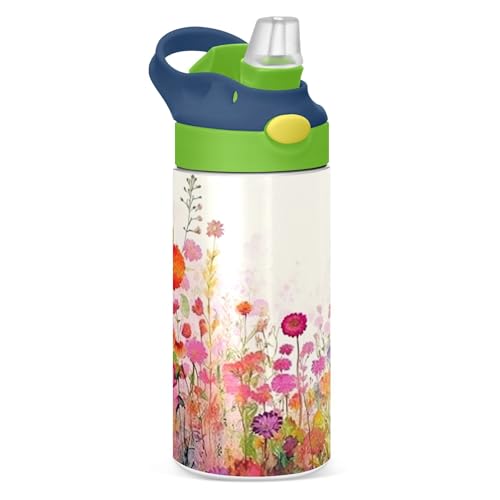 Sevdomey Botella de agua floral de acuarela para niños y niñas con pajilla, de acero inoxidable, aislada, a prueba de fugas, 350 ml, para escuela, guardería, viajes, deportes