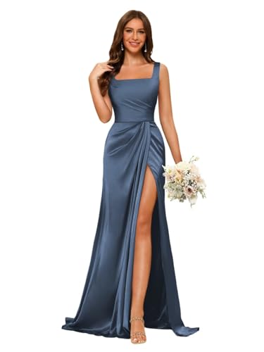 Dessiny Women's Spaghetti Straps Mermaid Bridesmaid Dresses 2025 with Slit Ruched Satin Formal Evening Dress DE371