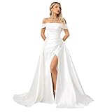 ZHEXUDAI Sleeveless Long A-Line Satin Dress for Bride Pleated Bust Off Shoulder Bridal Gown Engagement & Wedding Guest High Slit Maxi Dress L White