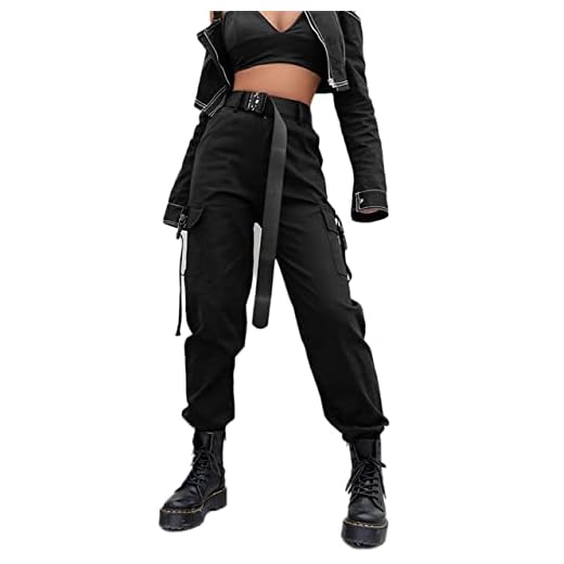 JEAAMKSSER Womens High Waisted Black Cargo Pants with Pockets Baggy Solid Y2k Streetwear Pants # Black M