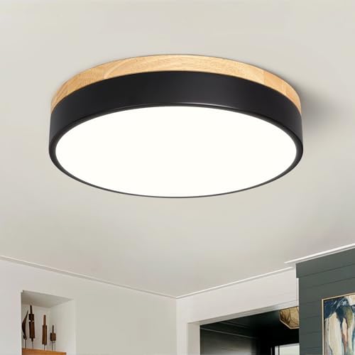 Image of Dimmable LED Wood Black Round Flush Mount Ceiling Light 11.81 Inch