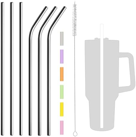 MLKSI Stainless Steel Straw Replacement for Stanley Cup Accessories, 6 Pack Reusable Straws with Silicone Tips and Cleaning Brush for Stanley Quencher 40oz & Simple Modern Tumbler with Handle