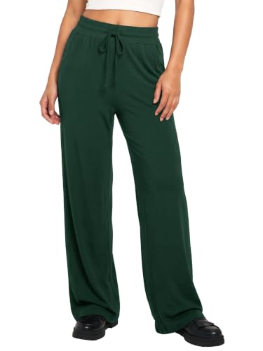 EXCHIC Damen Freizeit Elastische Gerades Bein Hose Lounge Mittel Taille Weite Yoga Hosen mit Taschen(XXL, Dunkelgrün)