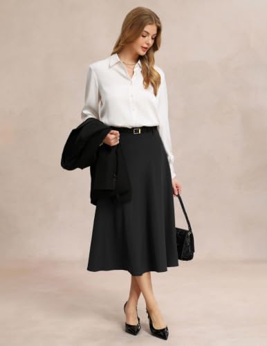 Image of Women's Business Casual Midi Skirt, High Waist Flowy Skirts with Pockets | Flowy, Work, Basic, Elegant, Teacher, Formal, Office, Funeral, Church, Fashion, Outfits, Clothing