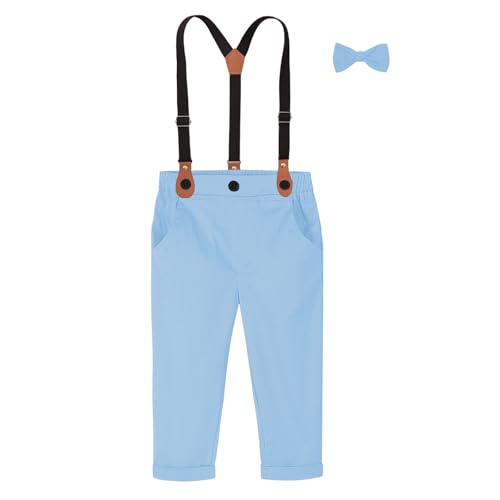 Boys Suspenders Pants Elastic Waist Trousers Kids Dress Suit Pants Bowtie