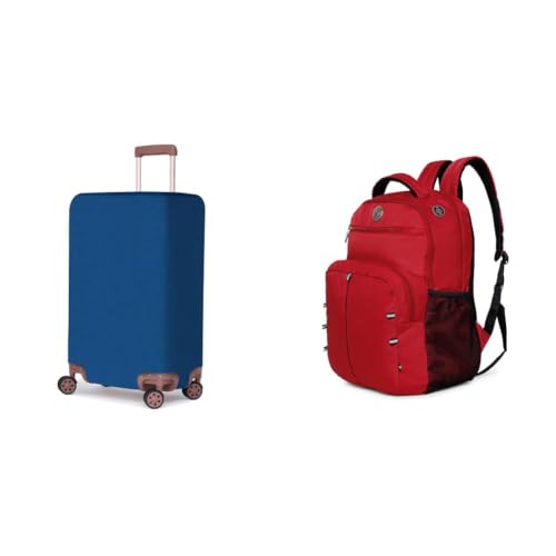 Image of ACEPACK Polyester Fabric Stretchable & Washable Protective Luggage Cover Universal Medium Check + Global 25.91 Liters Water Repellant 17.32 inch Laptop Backpack with Rain Cover for Casual,