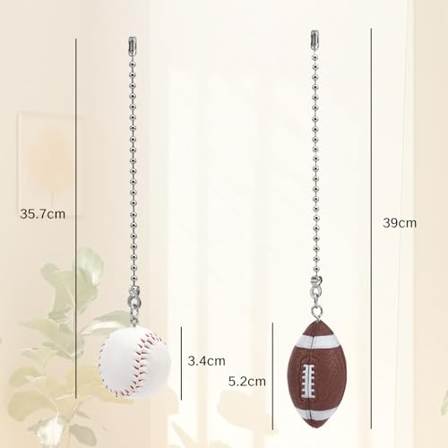 Image of BRBASAP 2Pcs Ceiling Baseball Football Pull Fan Chain Set 12'' Sports Fan Pulls Nickel Decorative Extension for Ceiling Light Lamp Fan Chains Unique Long Cord Puller Ornaments