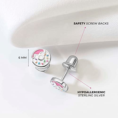 925 Sterling Silver Fun Enamel Donut Earrings with Tiny Colorful Sprinkles for Little Girls - Colorful Screw Back Earrings for Kids - Multi-color Safety Stud Earrings Fun Gift for Children4