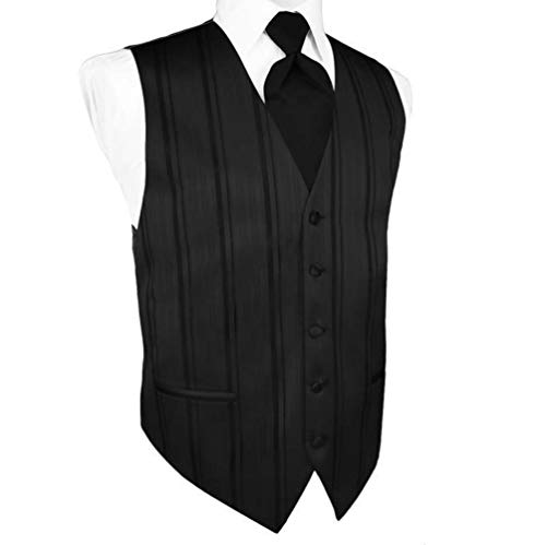Cardi Men's Black Satin Striped Tuxedo Vest with Matching Windsor Band Tie, S