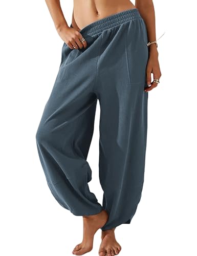 Image of Himosyber Women Cotton Pants Wide Leg Pants Casual Loose Baggy Elastic Waist Beach Palazzo Harem Pants