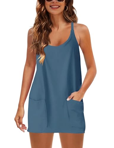 Image of Lianlive Women Athletic Mini Dresses Built-in Shorts Set Summer Sleeveless Sundress Hot Shot Mini Dress