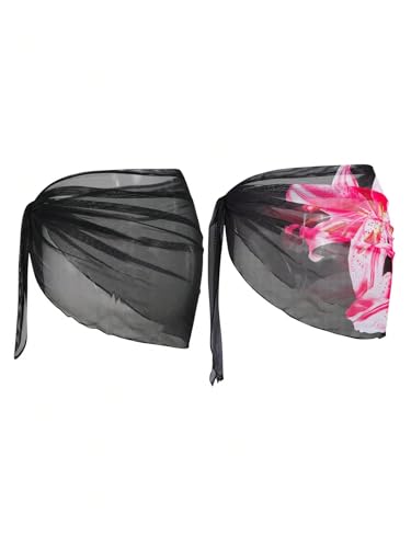 Women's 2 Packs Floral See Through Beach Skirts Knot Side Swimsuit Coverups Sarong Beachwear2