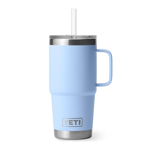 Image of YETI Rambler 25 oz Tumbler with Handle and Straw Lid, Travel Mug Water Tumbler, Vacuum Insulated Cup with Handle, Stainless Steel, Big Sky Blue