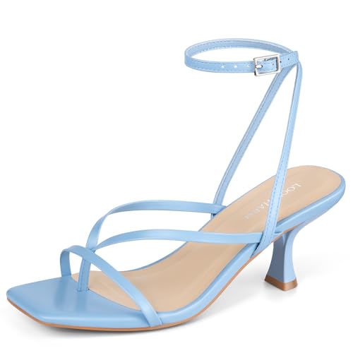 Image of Women's Kitten Heel Strappy Open Square Toe Thong Ankle Strap Heels for Wedding