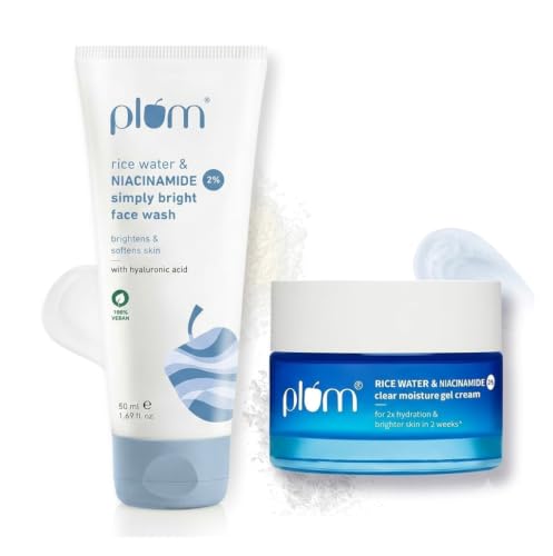 Image of Plum Rice Water Niacinamide Brightening & Oil-Free Hydration Combo | 2% Niacinamide Face Wash 50ml + Superlight Gel Cream Moisturizer 25g for Clear, Smooth & Glowing Skin