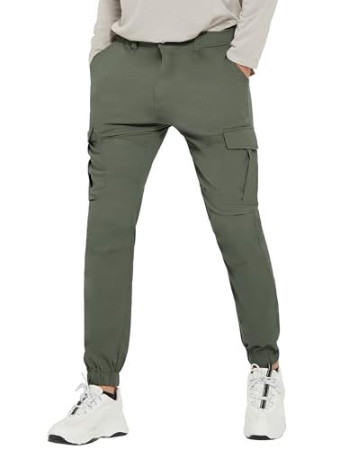 PULI Hiking Pants for Men Cargo Slim Fit Stretch Joggers Workout Waterproof Outdoor Trousers with Pockets Army Green 32