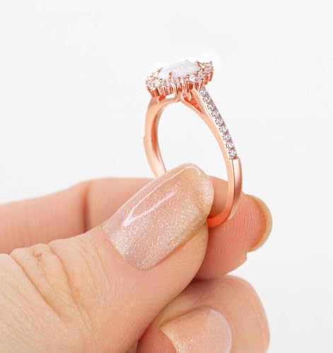 TIGRADE 1.5CT Oval Opal Bridal Ring Sets 3Pcs Rose Gold Stackable Rings Cubic Zirconia Engagement Halo CZ Wedding Band for Women Size 3-123