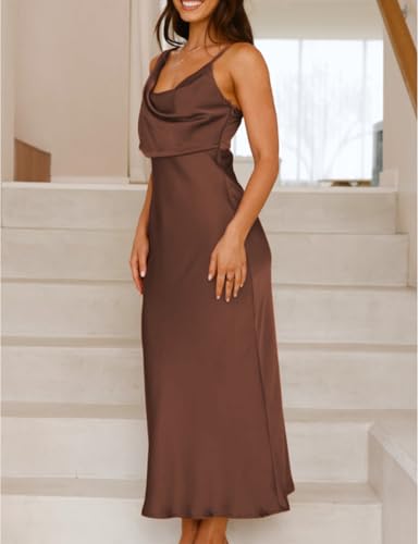 Image of Summer Satin Cowl Neck Midi Dress for Women 2026 Elegant Formal Silk Spaghetti Strap Backless Wedding Guest Dresses