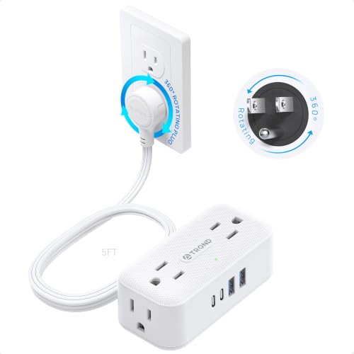TROND 360 Rotating Flat Plug Power Strip 5FT Extension Cord with 4 USB Ports 4 Wide Spaced AC Outlets Wall Mount 900J Surge Protector for Office Travel Dorm Room Essentials White