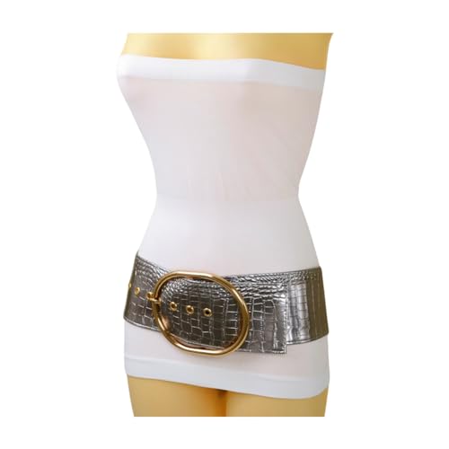 Women Silver Chrom Fashion Wide Belt - Hip High Waist Big Gold Oval Metal Buckle S M Metallic Pewter4