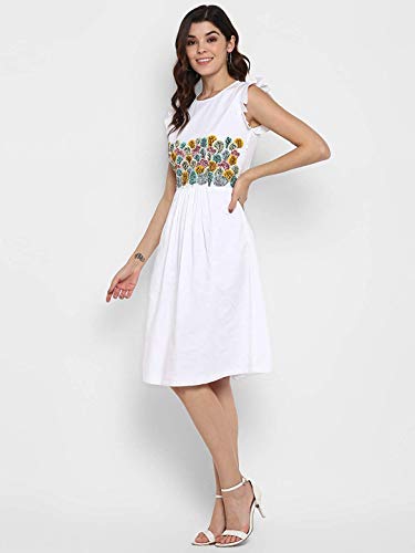 Image of DEEBACO White Front Embroidered Ruffle Dress Front Yoke Ruffle Detail at Upper Sleeveless Casual Round Neck Middi Dress